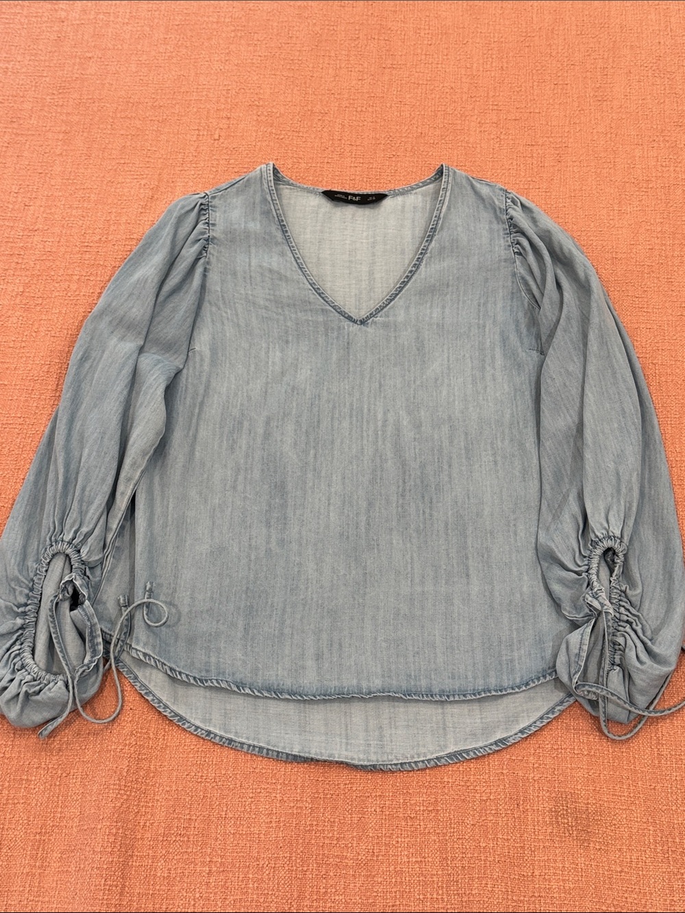 F&F Light Blue Chambray V-Neck Top with Ruched Tie Sleeves